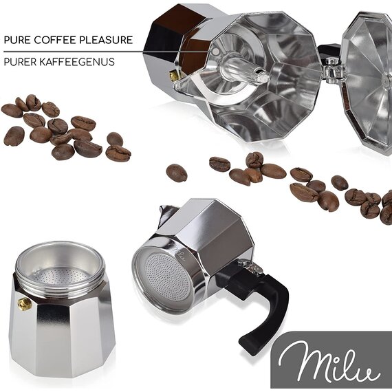 Milu Espressokocher (No Induktion) | Aluminium Mokkakanne, Espressokanne, Espresso Maker Set inkl. Untersetzer, Lffel, Brste (Aluminium, 4 Tassen (300ml)