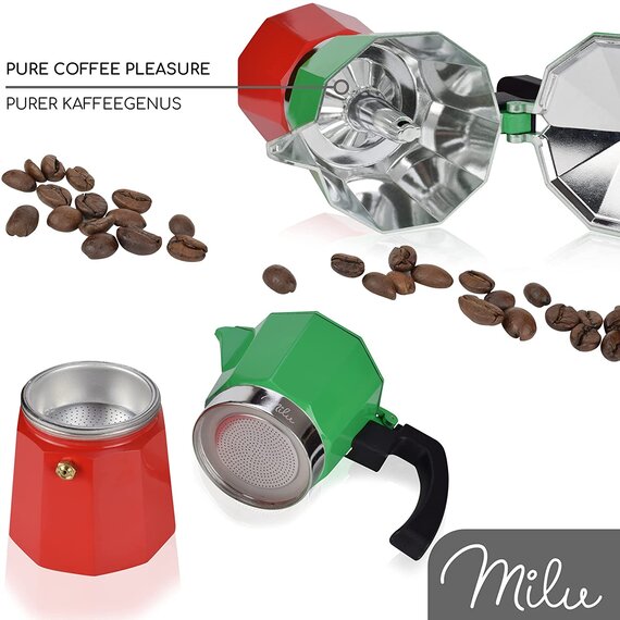 Milu Espressokocher (No Induktion) | Aluminium Mokkakanne, Espressokanne, Espresso Maker Set inkl. Untersetzer, Lffel, Brste (Italia, 6 Tassen (300ml)