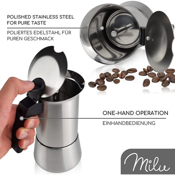 Milu Espressokocher Induktion geeignet | Edelstahl Mokkakanne, Espressokanne, Espresso Maker Set inkl. Untersetzer, Lffel, Brste (Edelstahl, 6 Tassen (300 ml))