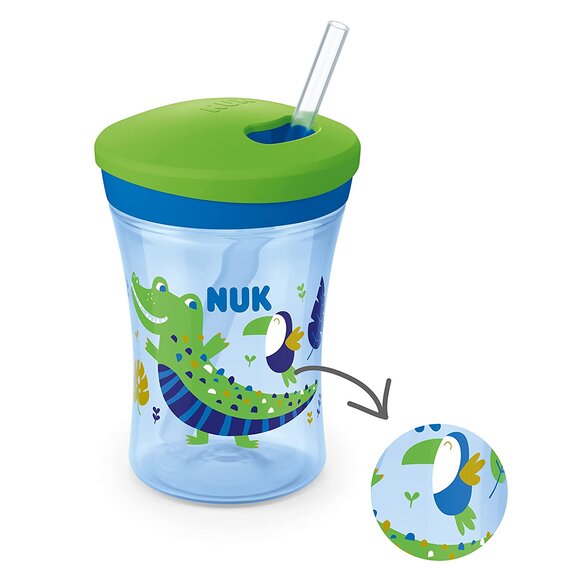NUK Action Cup Trinkbecher Kinder | Chamleon Effekt | 12+ Monate | Drehdeckel mit weichem Strohhalm | auslaufsicher | BPA-frei | 230 ml | Krokodil, grn