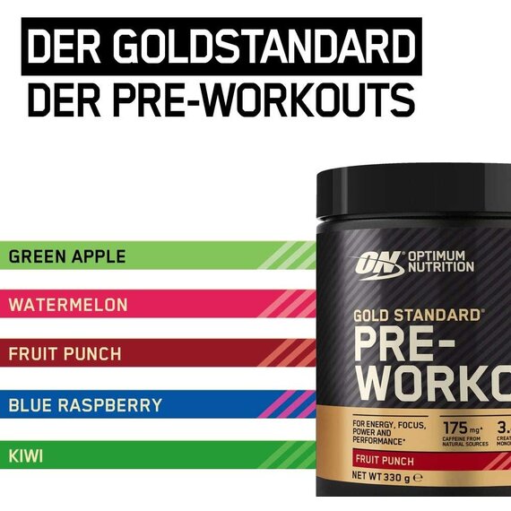 Optimum Nutrition Gold Standard Pre Workout Energie Booster (Pulver Shake mit Kreatin Monohydrat, Beta Alanin, natrliches Koffein und Vitamin B von ON) Fruit Punch, 30 Portionen, 330g