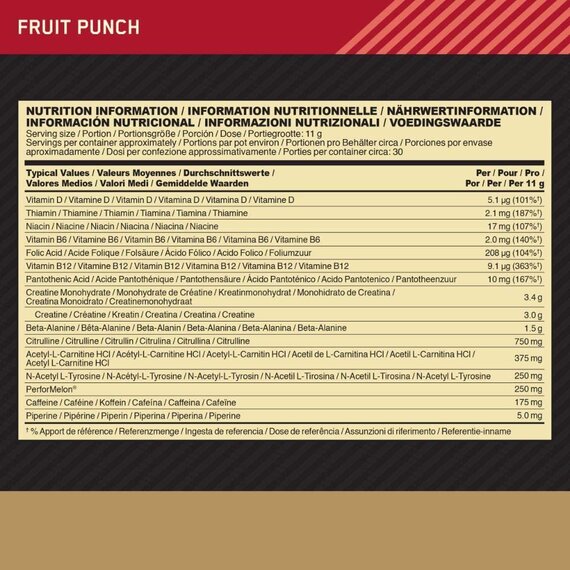 Optimum Nutrition Gold Standard Pre Workout Energie Booster (Pulver Shake mit Kreatin Monohydrat, Beta Alanin, natrliches Koffein und Vitamin B von ON) Fruit Punch, 30 Portionen, 330g