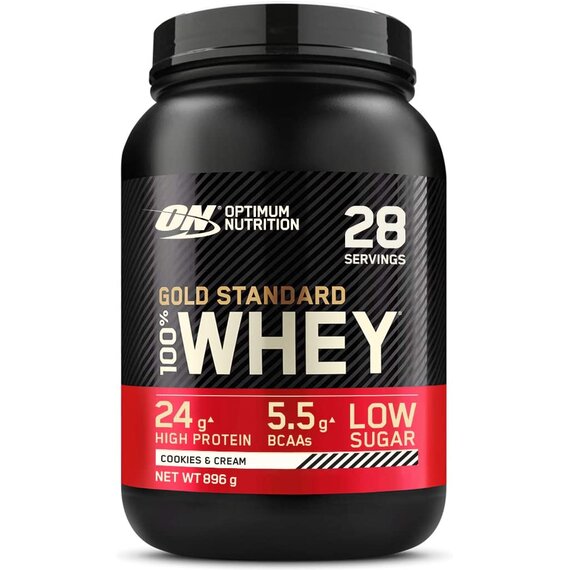 Optimum Nutrition ON Gold Standard Whey Protein Pulver, Eiweipulver zum Muskelaufbau, natrlich enthaltene BCAA und Glutamin, Cookies & Cream, 28 Portionen, 896 g, Verpackung kann Variieren