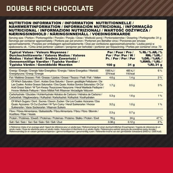 Optimum Nutrition ON Gold Standard Whey Protein Pulver, Eiweipulver zum Muskelaufbau, natrlich enthaltene BCAA und Glutamin, Double Rich Chocolate, 73 Portionen, 2.26kg, Verpackung kann Variieren