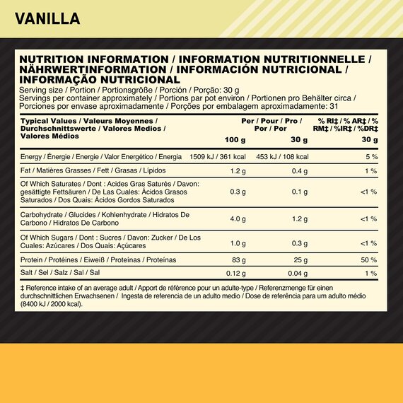 Optimum Nutrition ON Gold Standard 100% Isolate, Whey Isolate Protein Pulver, Eiweipulver mit natrlich enthalten Glutamin und Aminosuren, Vanilla, 31 Portionen, 930g
