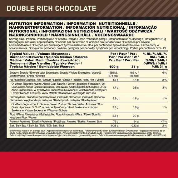 Optimum Nutrition ON Gold Standard Whey Protein Pulver, Eiweipulver zum Muskelaufbau, natrlich enthaltene BCAA und Glutamin, Double Rich Chocolate, 29 Portionen, 899 g, Verpackung kann Variieren