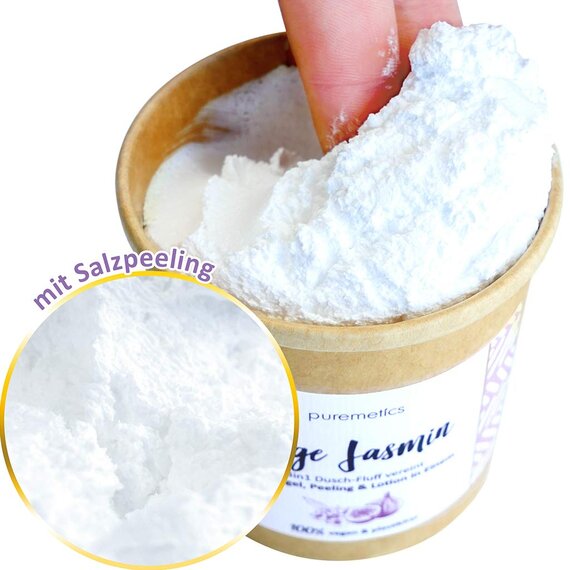 puremetics 3in1 Dusch-Fluff (250g) | Duschgel, Peeling und Lotion in Einem | 100% vegan & plastikfrei | pflegend, hautverfeinernd & glttend | ohne Mikroplastik | Meersalzpeeling (Feige Jasmin)