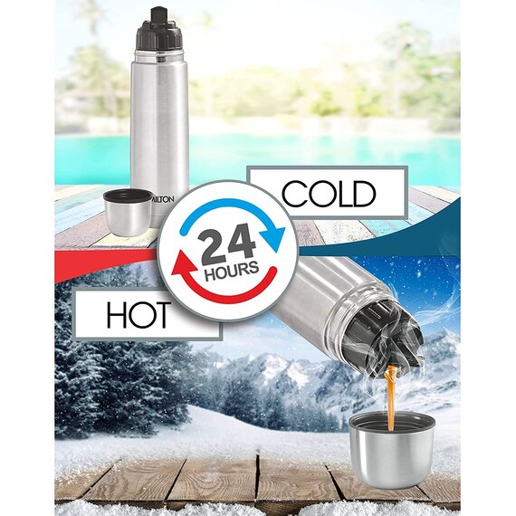 Edelstahl Thermosflasche mit Becher, Thermoskanne, Isolierflasche | 1 Liter | 24h heiß und kalt | Edelstahl mattiert | Trinkbecher als Deckel | praktischer Flip Lid Verschluss | BPA-frei von Milton