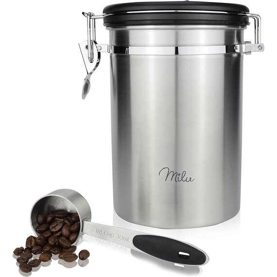 Milu Kaffeedose luftdicht | 700g | Kaffeebohnen Behälter Edelstahl Vorratsdosen Vakuum Kaffeebox mit Kaffeelöffel (Edelstahl, 700g)