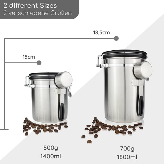 Milu Kaffeedose luftdicht | 700g | Kaffeebohnen Behälter Edelstahl Vorratsdosen Vakuum Kaffeebox mit Kaffeelöffel (Edelstahl, 700g)