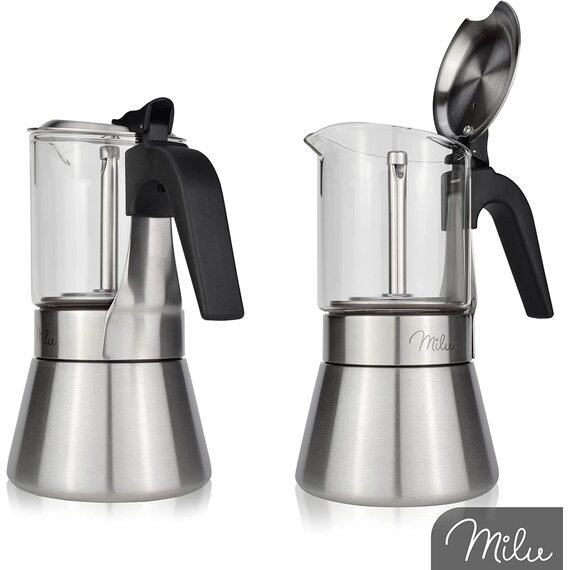 Milu Espressokocher Induktion geeignet | Edelstahl Glas Mokkakanne, Espressokanne, Espresso Maker Set inkl. Untersetzer, Löffel, Bürste (4 Tassen 200ml)
