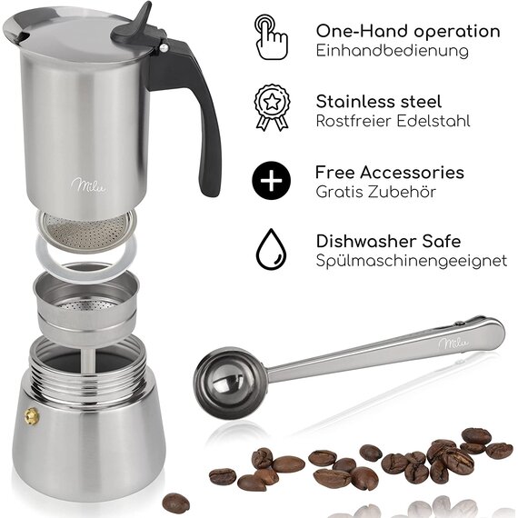 Milu Espressokocher Induktion geeignet | Edelstahl Mokkakanne, Espressokanne, Espresso Maker Set inkl. Untersetzer, Löffel, Bürste (Edelstahl, 6 Tassen (300 ml))