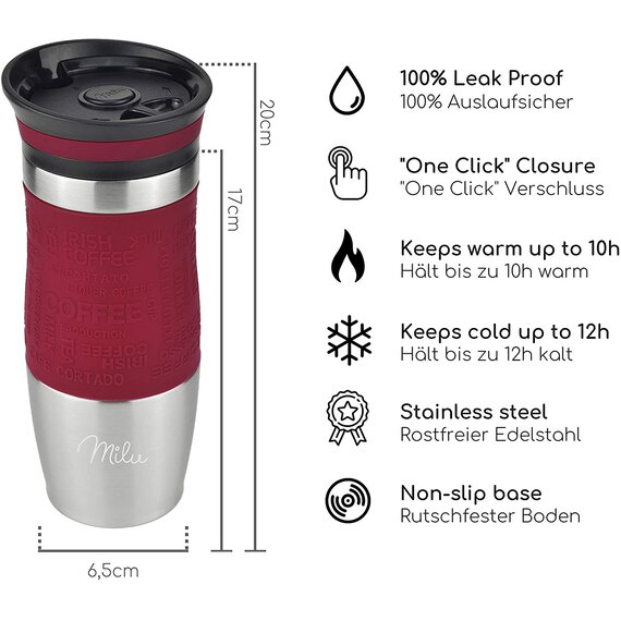 Milu Thermobecher Thermosflasche Isolierbecher Kaffeebecher to go - 370ml - 100% Auslaufsicher - Trinkbecher aus Edelstahl - Autobecher doppelwand Isolierung - Thermo Becher - Travel Mug - (Rot, 370ml)