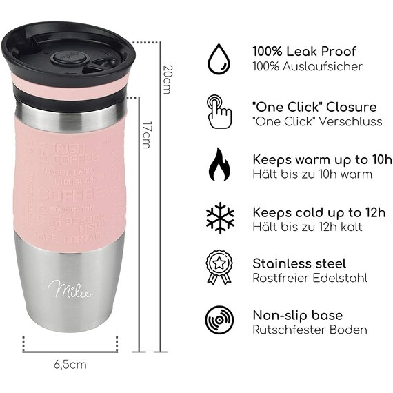 Milu Thermobecher Thermosflasche Isolierbecher Kaffeebecher to go - 370ml - 100% Auslaufsicher - Trinkbecher aus Edelstahl - Autobecher doppelwand Isolierung - Thermo Becher - Travel Mug - (Rosa, 370ml)