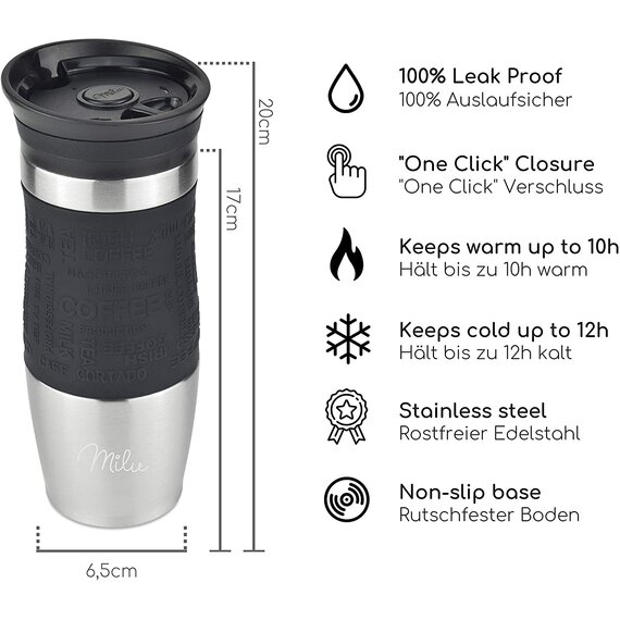 Milu Thermobecher Thermosflasche Isolierbecher Kaffeebecher to go - 370ml - 100% Auslaufsicher - Trinkbecher aus Edelstahl - Autobecher doppelwand Isolierung - Thermo Becher - Travel Mug - (Schwarz, 370ml)