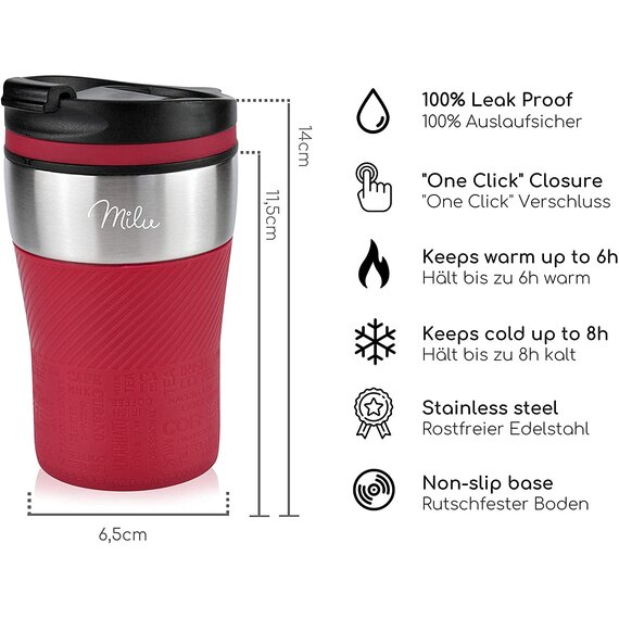 Milu Thermobecher Thermosflasche Isolierbecher Kaffeebecher to go - 210ml 100% Auslaufsicher - Trinkbecher aus Edelstahl - Autobecher doppelwand Isolierung - Thermo Becher - Travel Mug (Rot)