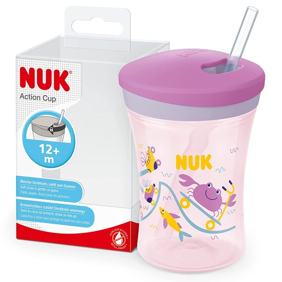 NUK Action Cup Trinkbecher Kinder | 12+ Monate | 230 ml | Drehdeckel mit weichem Strohhalm | auslaufsicher | BPA-frei | lila Krabbe