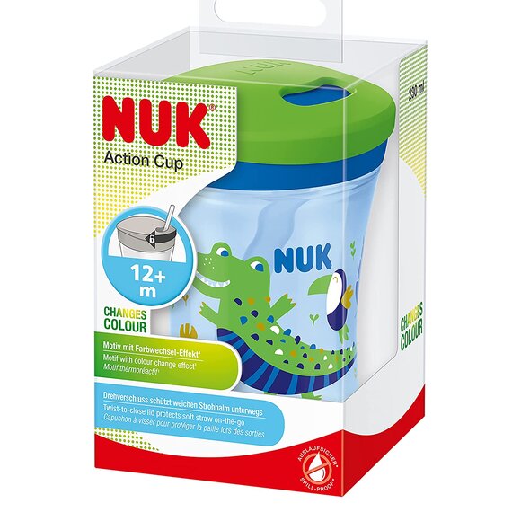 NUK Action Cup Trinkbecher Kinder | Chamäleon Effekt | 12+ Monate | Drehdeckel mit weichem Strohhalm | auslaufsicher | BPA-frei | 230 ml | Krokodil, grün