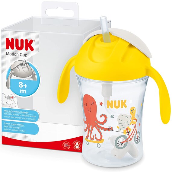 NUK Motion Cup Trinklernbecher | 230ml | auslaufsicherer, weicher Strohhalm | ergonomisch geformte Griffe | 8+ Monate | BPA frei | Gelb