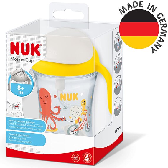 NUK Motion Cup Trinklernbecher | 230ml | auslaufsicherer, weicher Strohhalm | ergonomisch geformte Griffe | 8+ Monate | BPA frei | Gelb