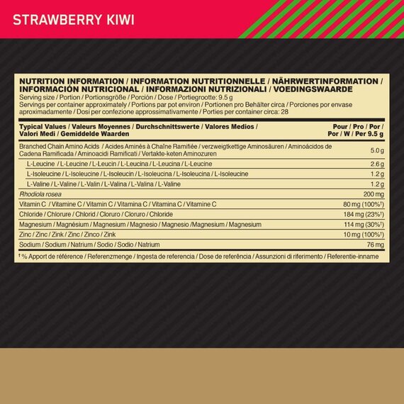 Optimum Nutrition Gold Standard BCAA Pulver, Aminosäuren Komplex Hochdosiert mit Vitamin C, Zink und Magnesium, Elektrolyte Getränk, Strawberry Kiwi, 28 Portionen, 266g, Verpackung kann Variieren