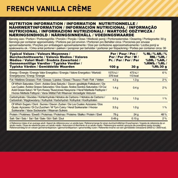 Optimum Nutrition ON Gold Standard Whey Protein Pulver, Eiweißpulver zum Muskelaufbau, natürlich enthaltene BCAA und Glutamin, French Vanilla Crème, 30 Portionen, 900g, Verpackung kann Variieren