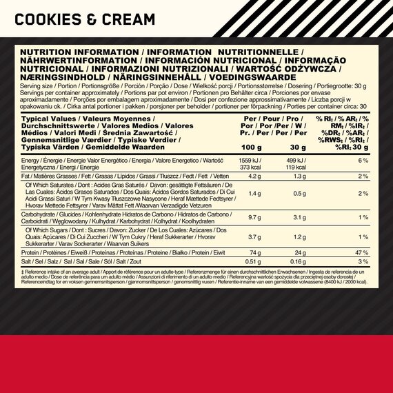 Optimum Nutrition ON Gold Standard Whey Protein Pulver, Eiweißpulver zum Muskelaufbau, natürlich enthaltene BCAA und Glutamin, Cookies & Cream, 28 Portionen, 896 g, Verpackung kann Variieren