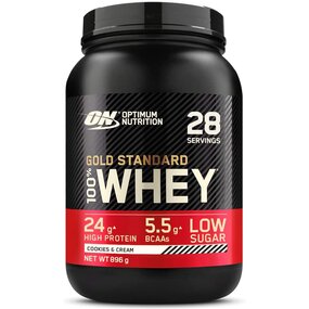 Optimum Nutrition ON Gold Standard Whey Protein Pulver, Eiweißpulver zum Muskelaufbau, natürlich enthaltene BCAA und Glutamin, Cookies & Cream, 28 Portionen, 896 g, Verpackung kann Variieren